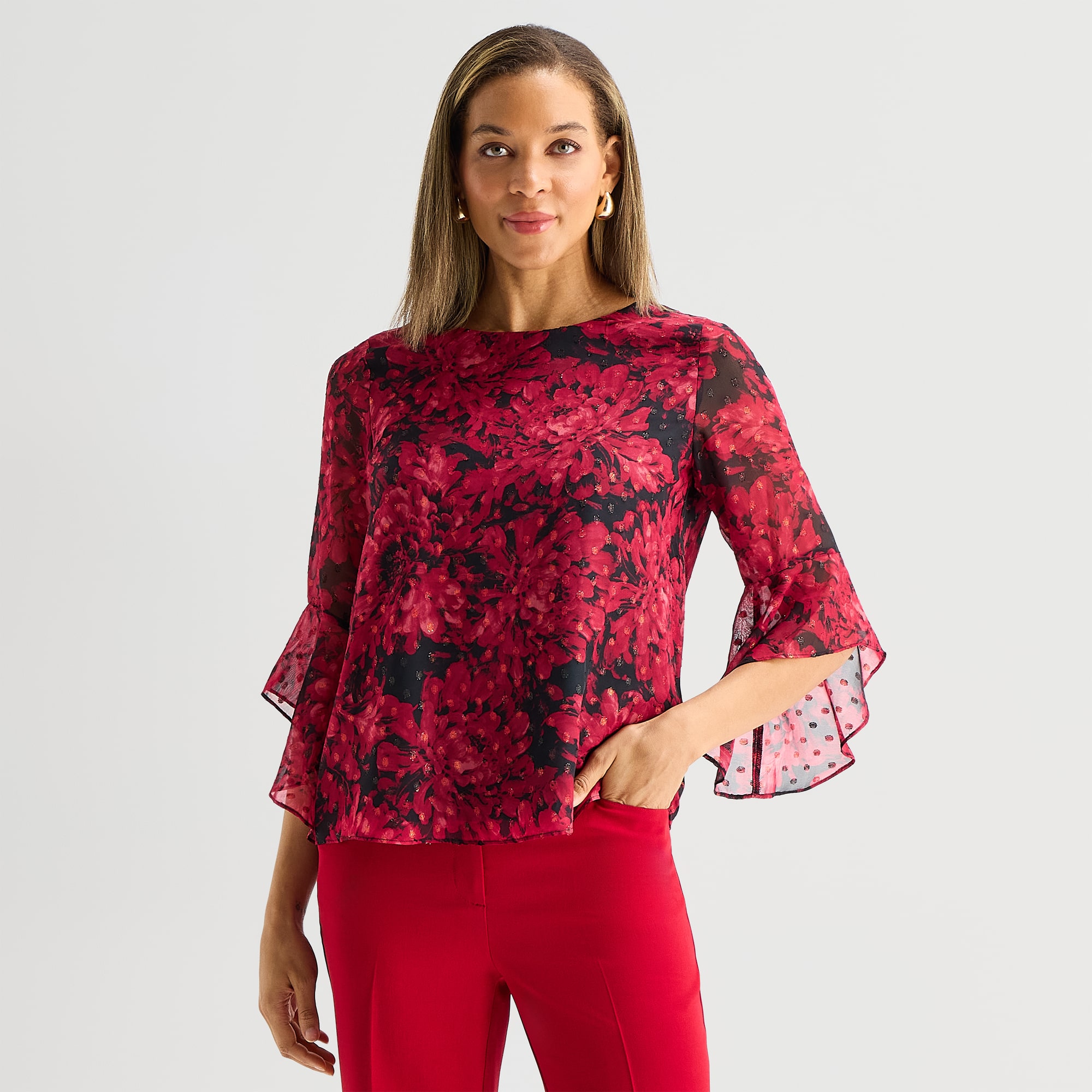 Black Label by Evan-Picone Womens Round Neck 3/4 Sleeve Blouse