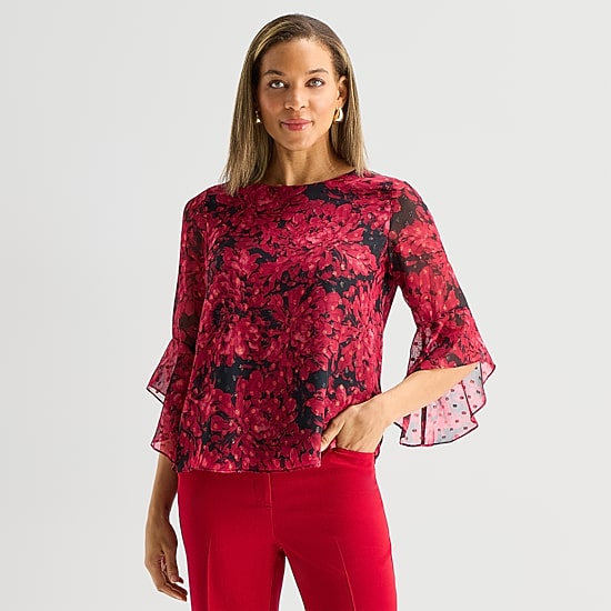Black Label by Evan-Picone Womens Round Neck 3/4 Sleeve Blouse