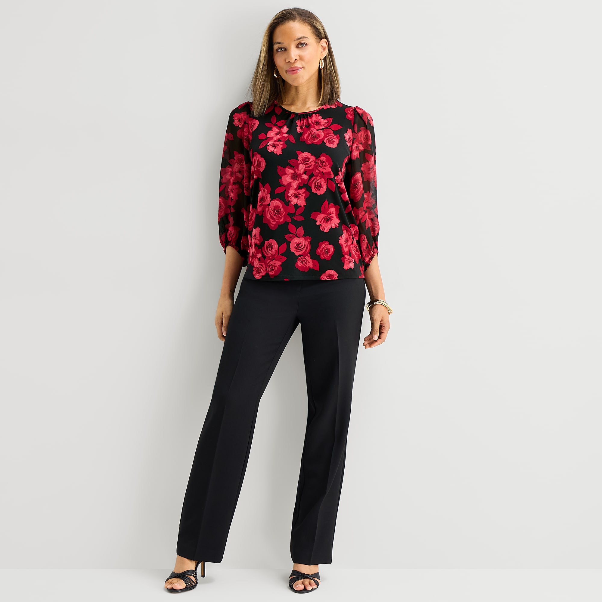 Black Label by Evan-Picone Womens Round Neck Long Sleeve Blouse