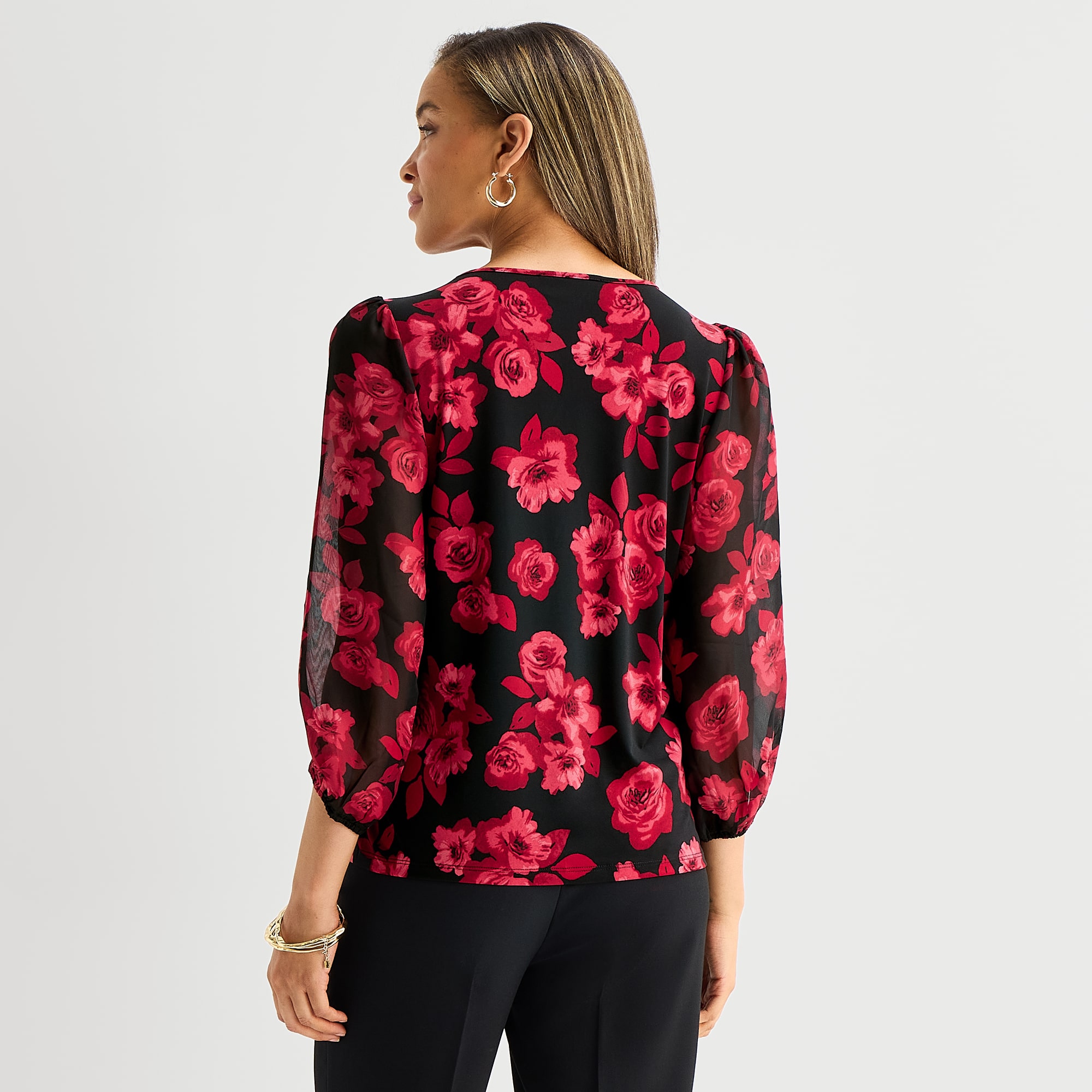 Black Label by Evan-Picone Womens Round Neck Long Sleeve Blouse