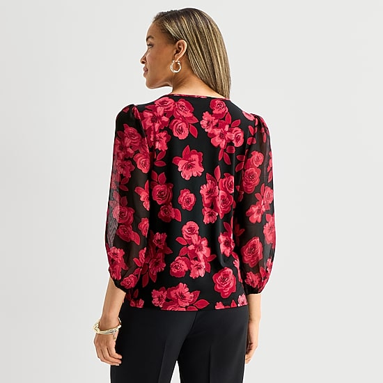 Black Label by Evan-Picone Womens Round Neck Long Sleeve Blouse
