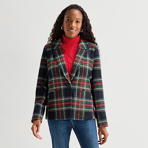St. John's Bay Womens Plaid Regular Fit Blazer In Black