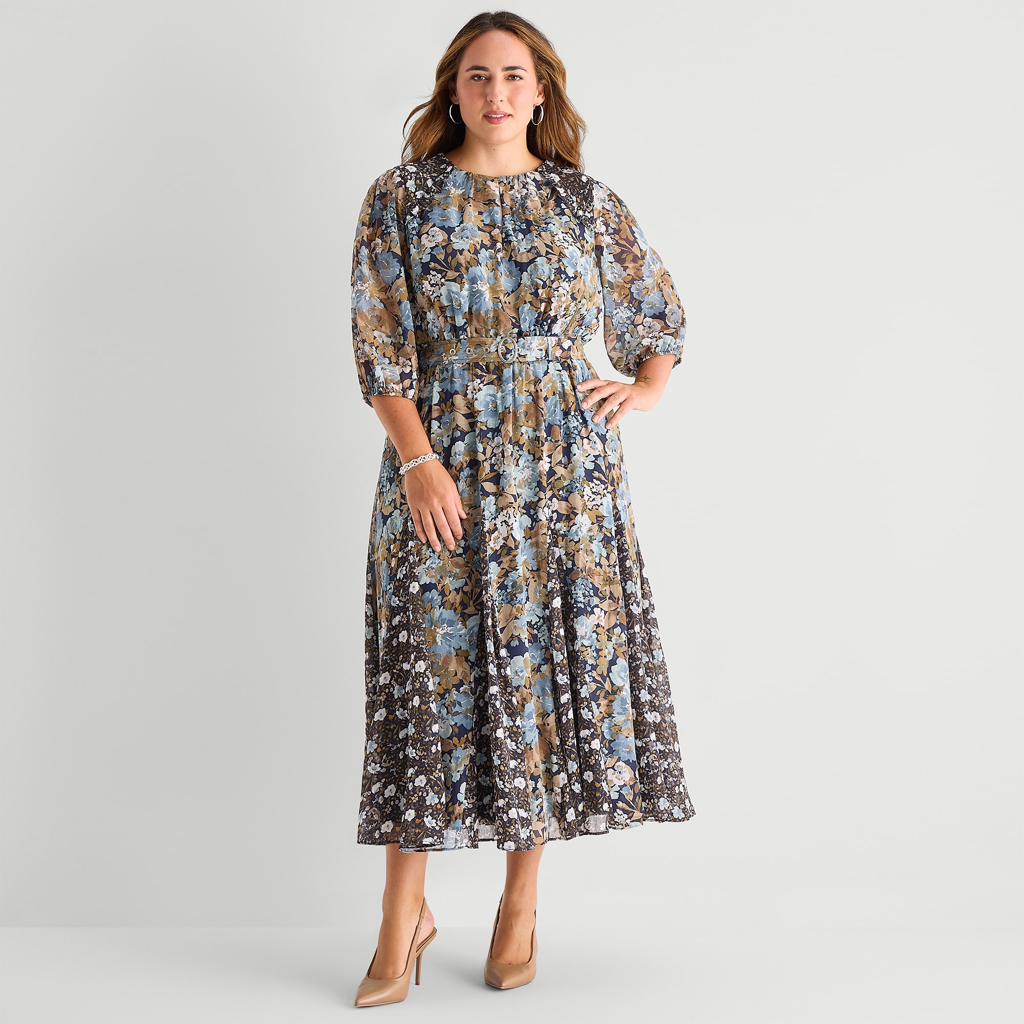 Sam And Jess Womens Plus Round Neck Long Sleeve Balloon Chiffon Maxi Dress