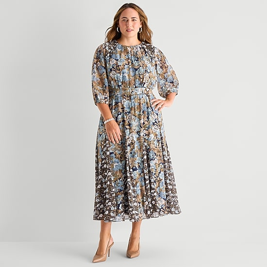 Sam And Jess Womens Plus Round Neck 3/4 Sleeve Balloon Chiffon Maxi Dress
