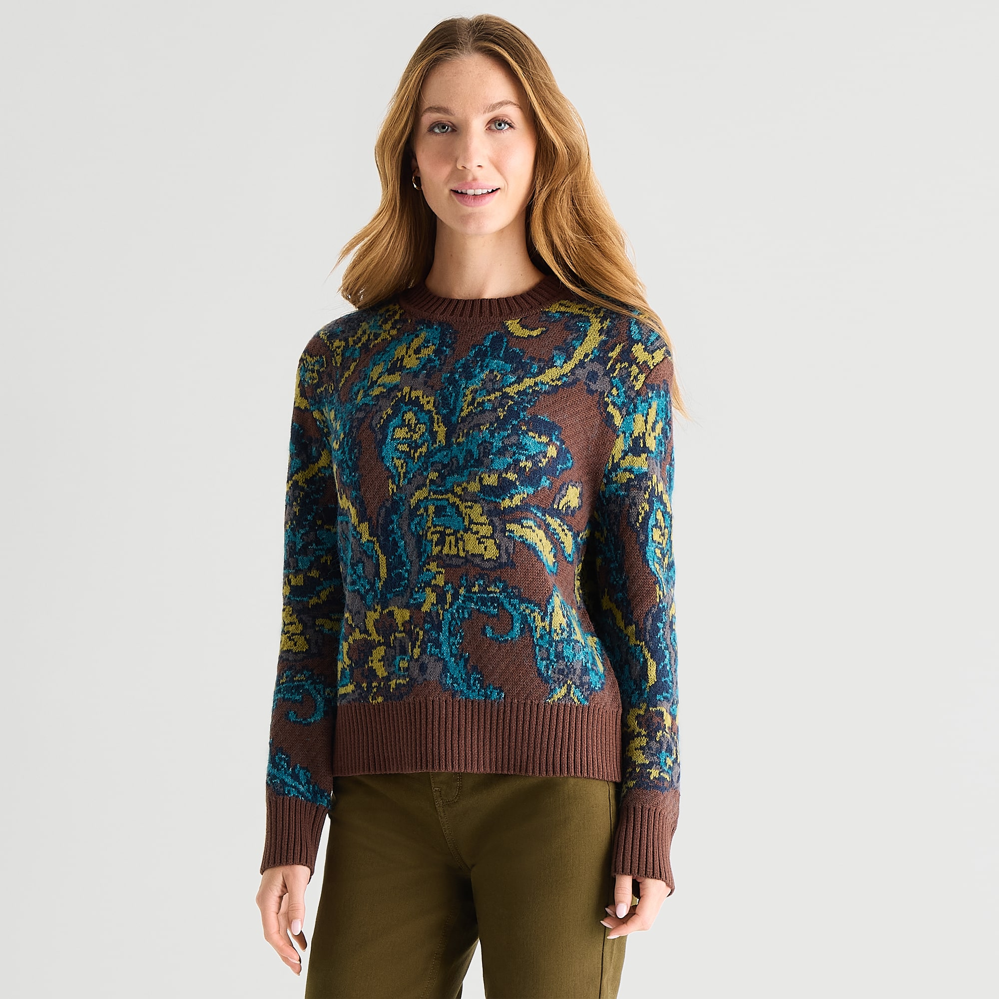 Liz Claiborne Womens Crew Neck Long Sleeve Paisley Pullover Sweater