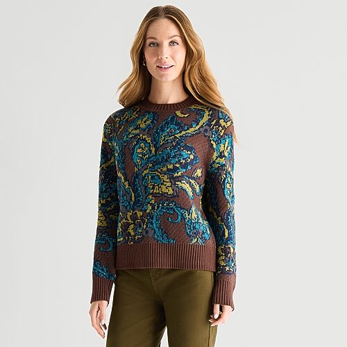 Liz Claiborne Womens Crew Neck Long Sleeve Paisley Pullover Sweater In Brown