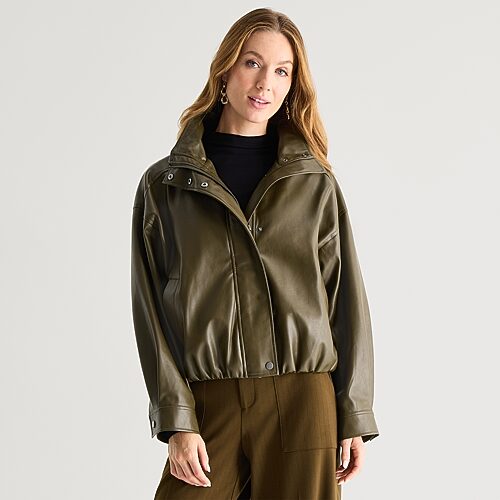 Liz Claiborne Womens Faux Leather Bomber Jacket In Green