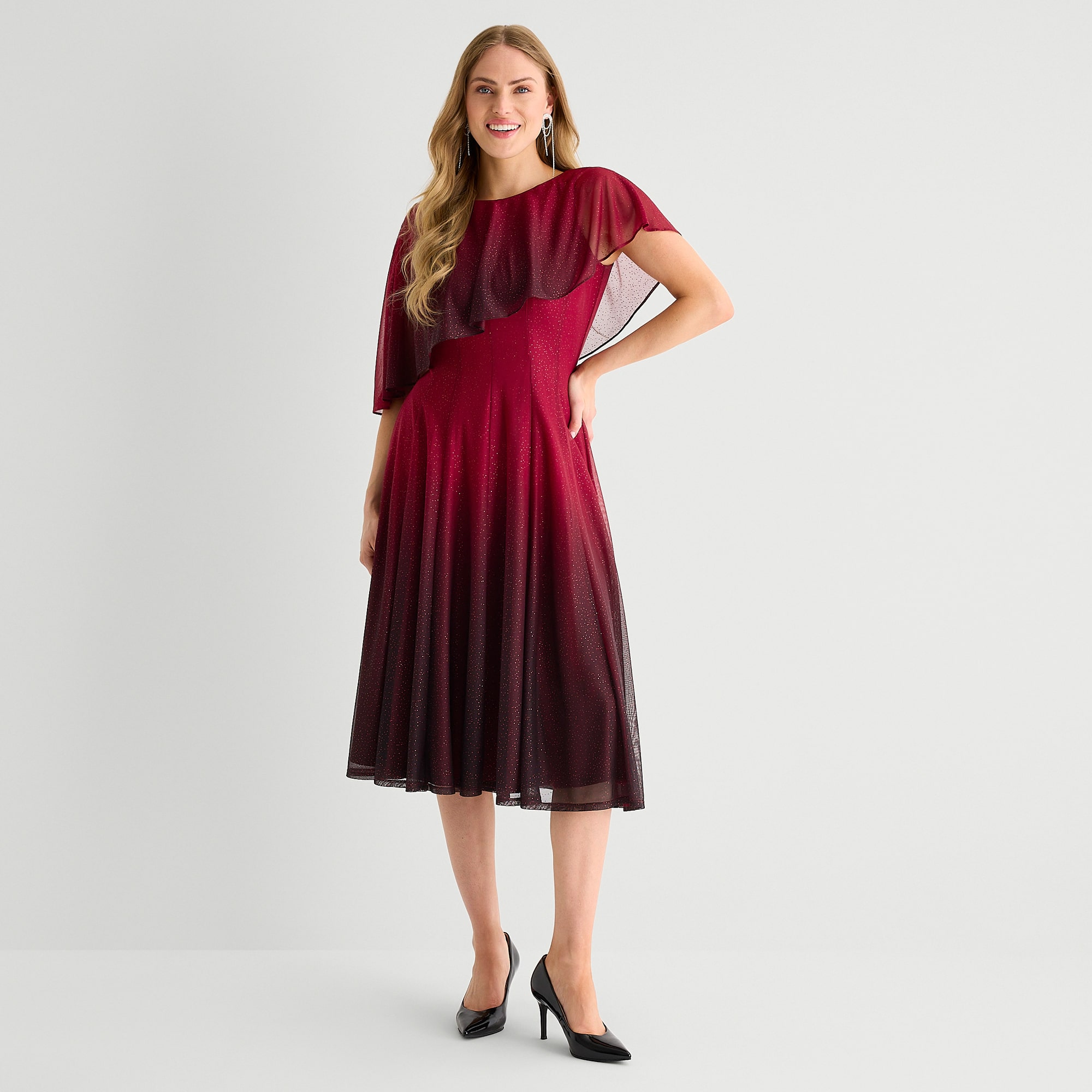 Danny & Nicole Womens Midi Asymmetrical Neck Short Sleeve Cape Chiffon Ombre Fit + Flare Dress