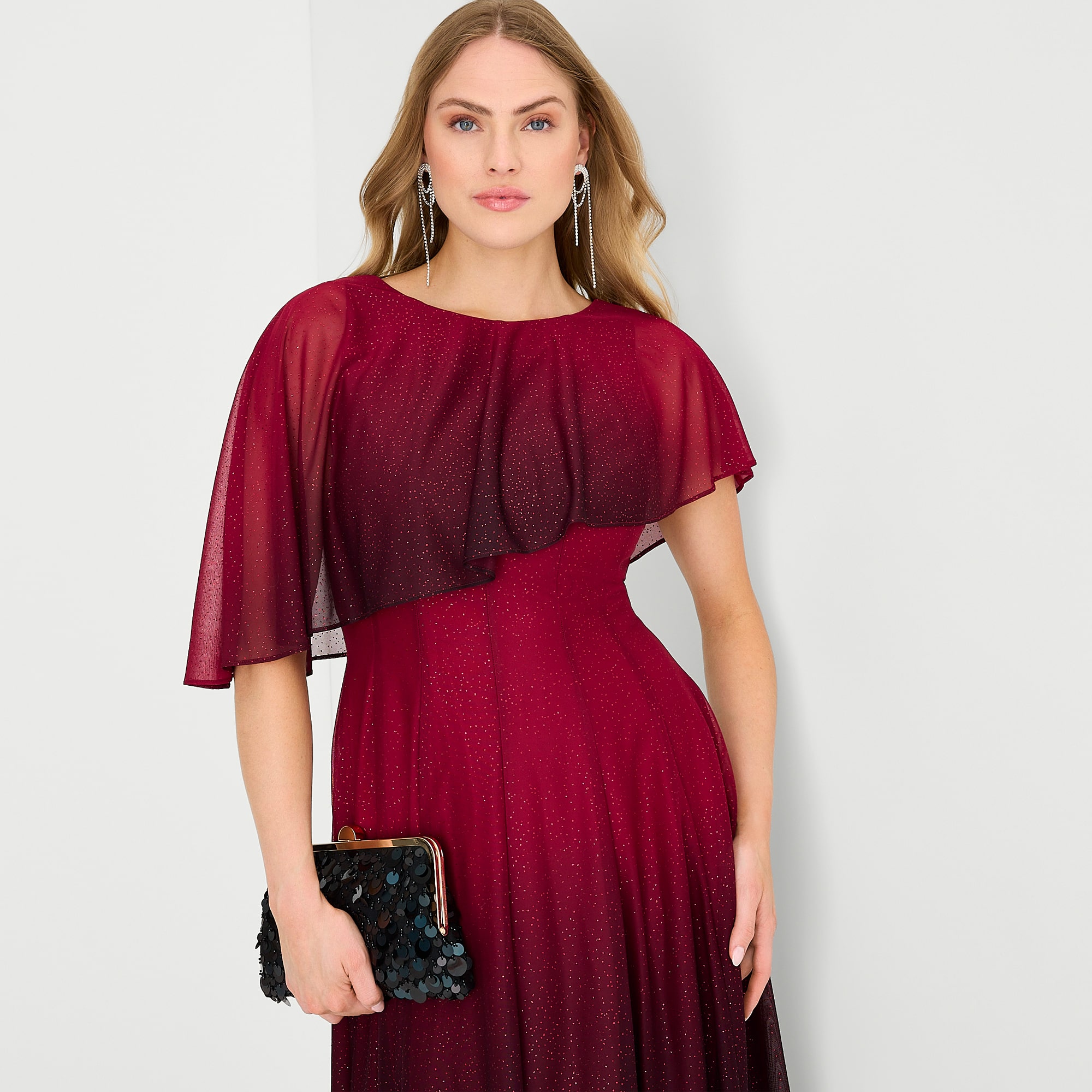 Danny & Nicole Womens Midi Asymmetrical Neck Short Sleeve Cape Chiffon Ombre Fit + Flare Dress