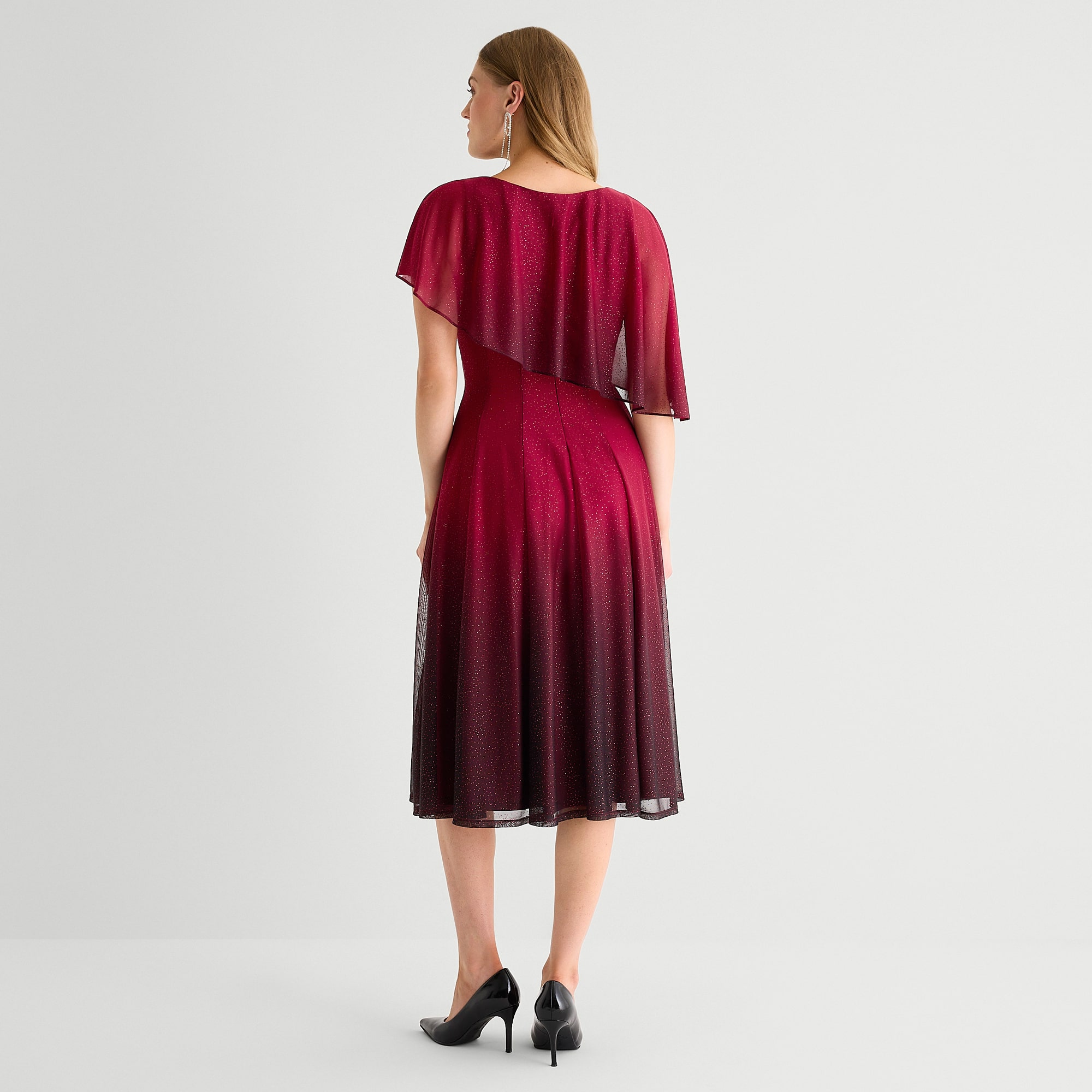 Danny & Nicole Womens Midi Asymmetrical Neck Short Sleeve Cape Chiffon Ombre Fit + Flare Dress