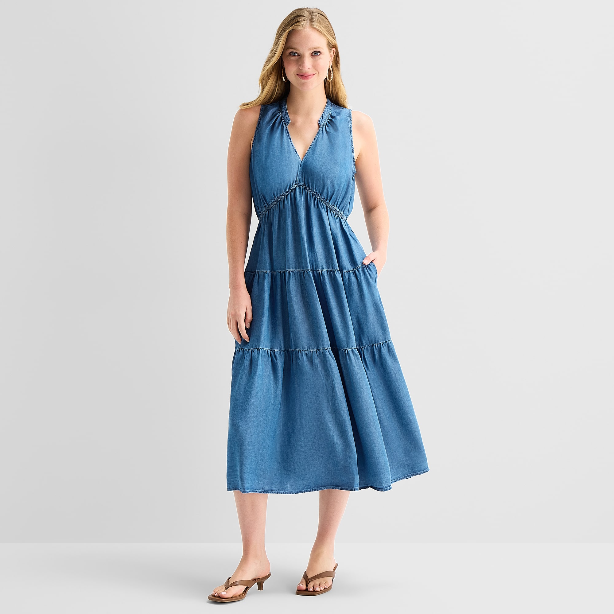 Robbie Bee Womens Midi V Neck Sleeveless Fit + Flare Dress