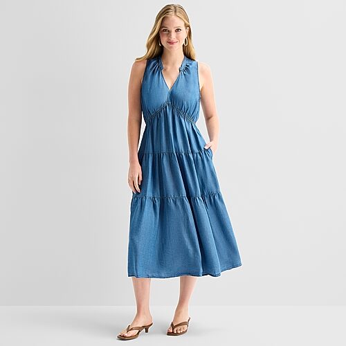Robbie Bee Womens Midi V Neck Sleeveless Fit + Flare Dress In Blue