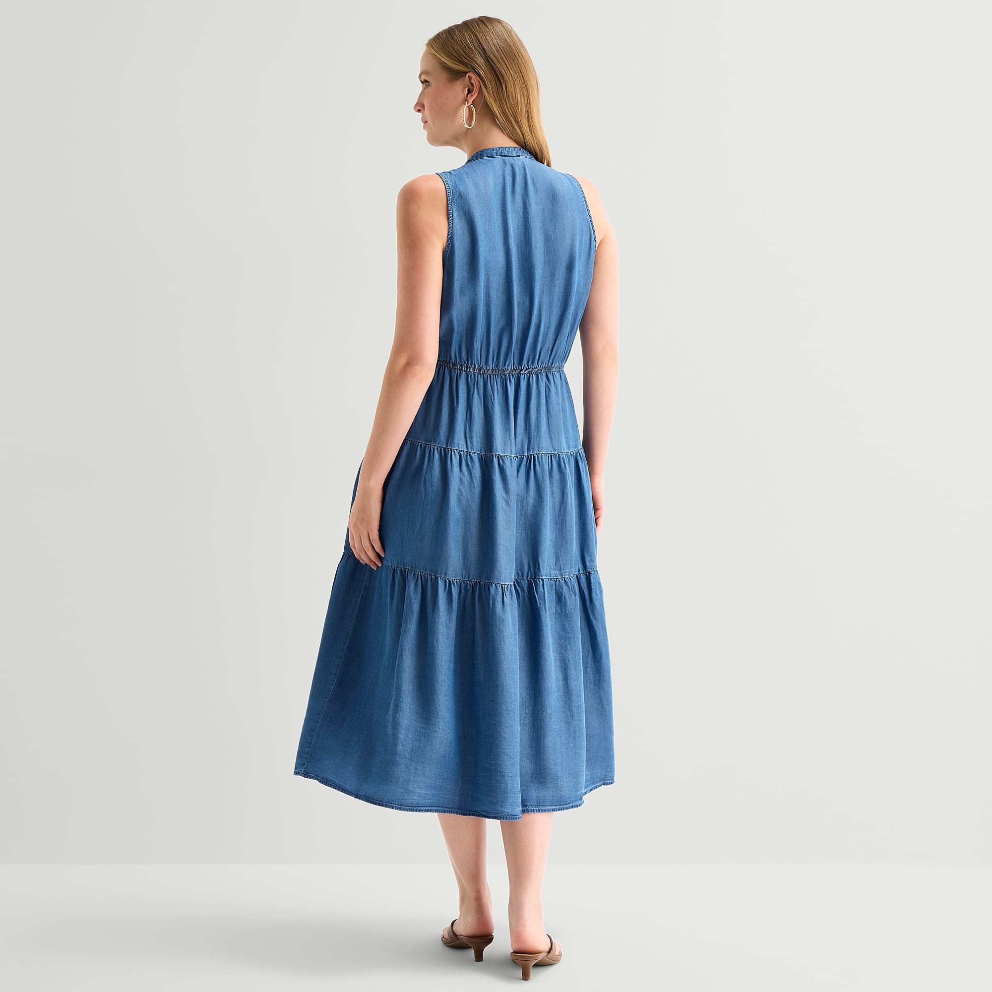 Robbie Bee Womens Midi V Neck Sleeveless Fit + Flare Dress