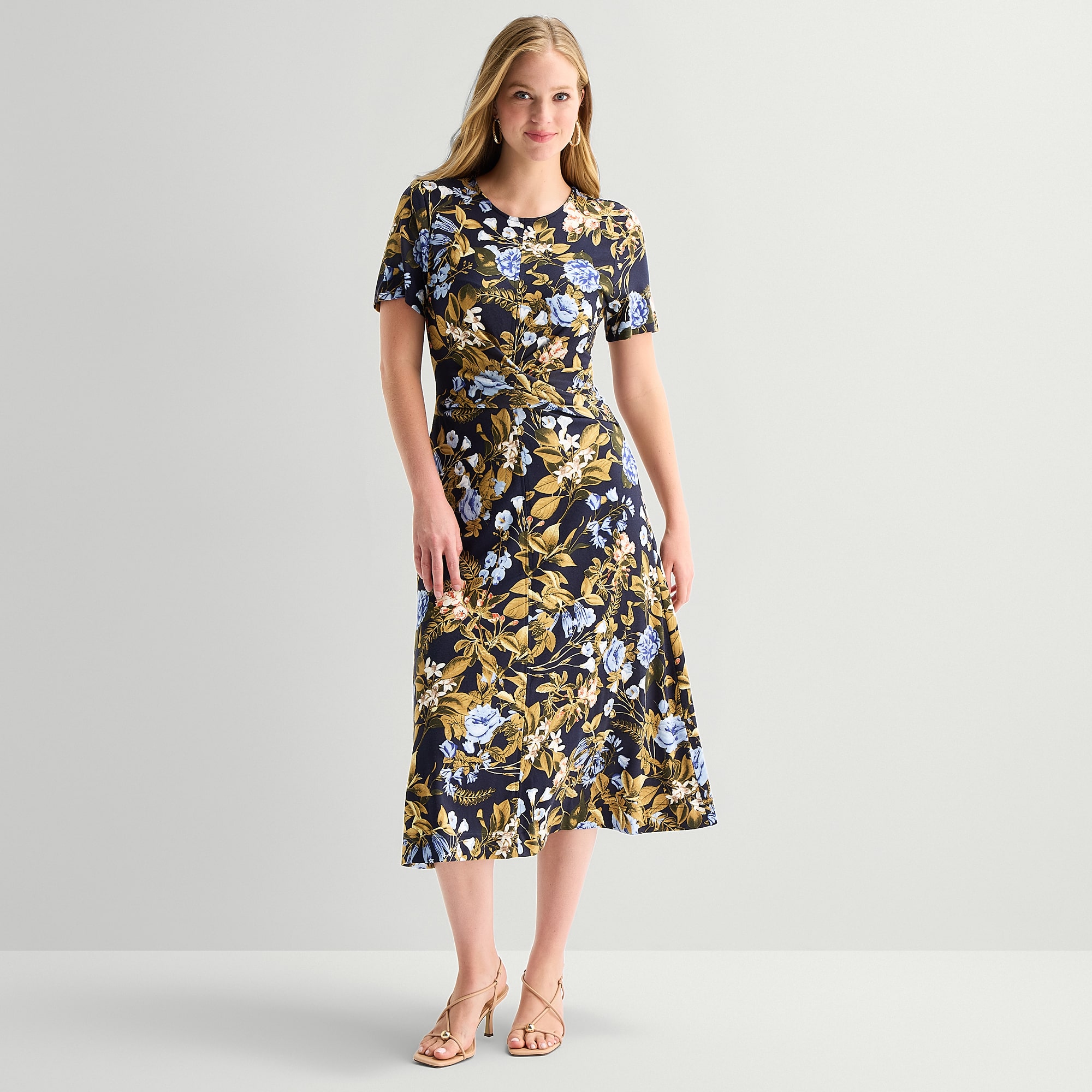 Ted Baker Womens Midi Round Neck Short Sleeve Floral Fit + Flare Dress