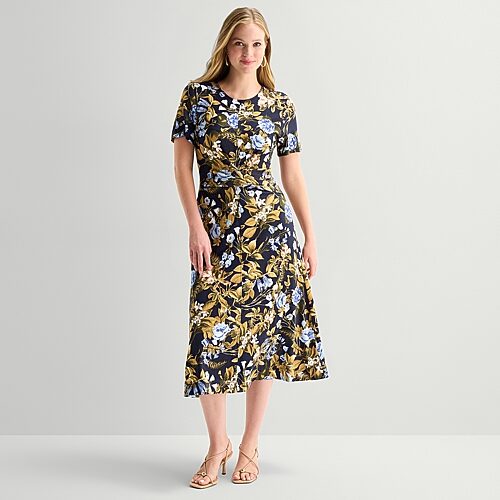 Ted Baker Womens Midi Round Neck Short Sleeve Cap Floral Fit + Flare Dress In Blue