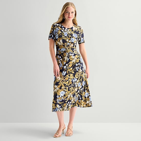 Ted Baker Womens Midi Round Neck Short Sleeve Floral Fit + Flare Dress