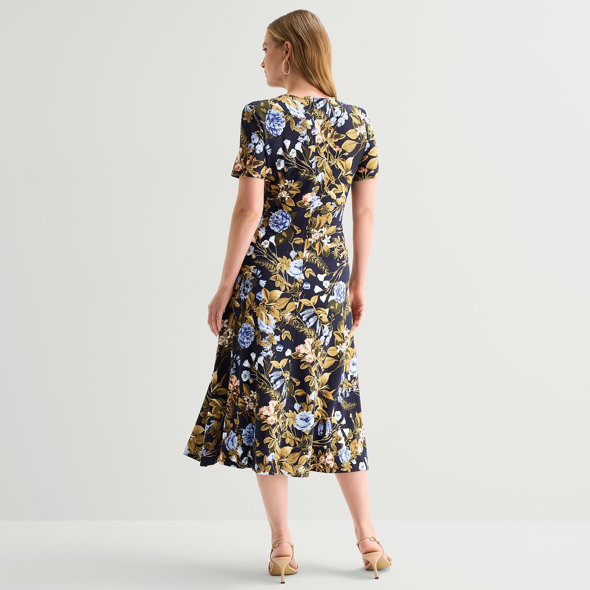 Ted Baker Womens Midi Round Neck Short Sleeve Floral Fit + Flare Dress