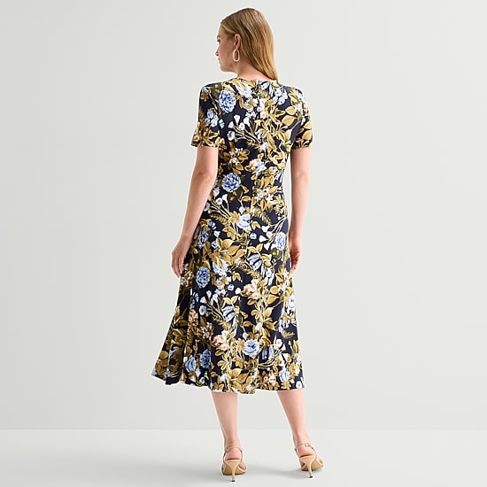 Ted Baker Womens Midi Round Neck Short Sleeve Floral Fit + Flare Dress
