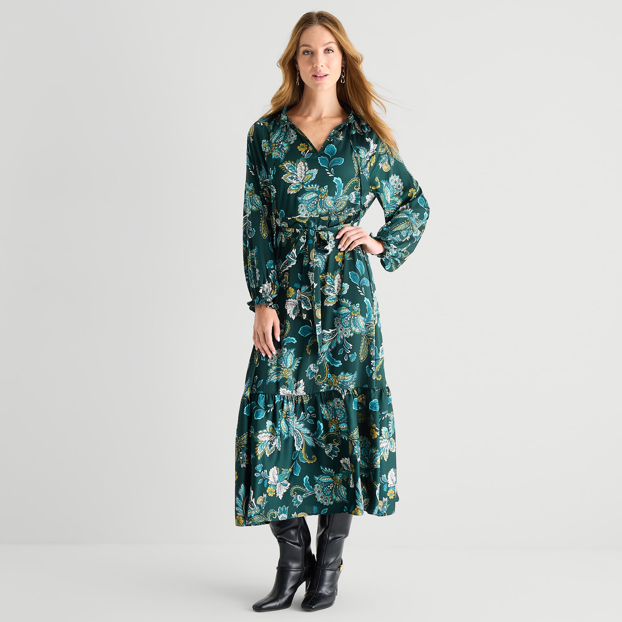 Liz Claiborne Womens Split Tie Neck Long Sleeve Raglan Satin Paisley Fit + Flare Dress