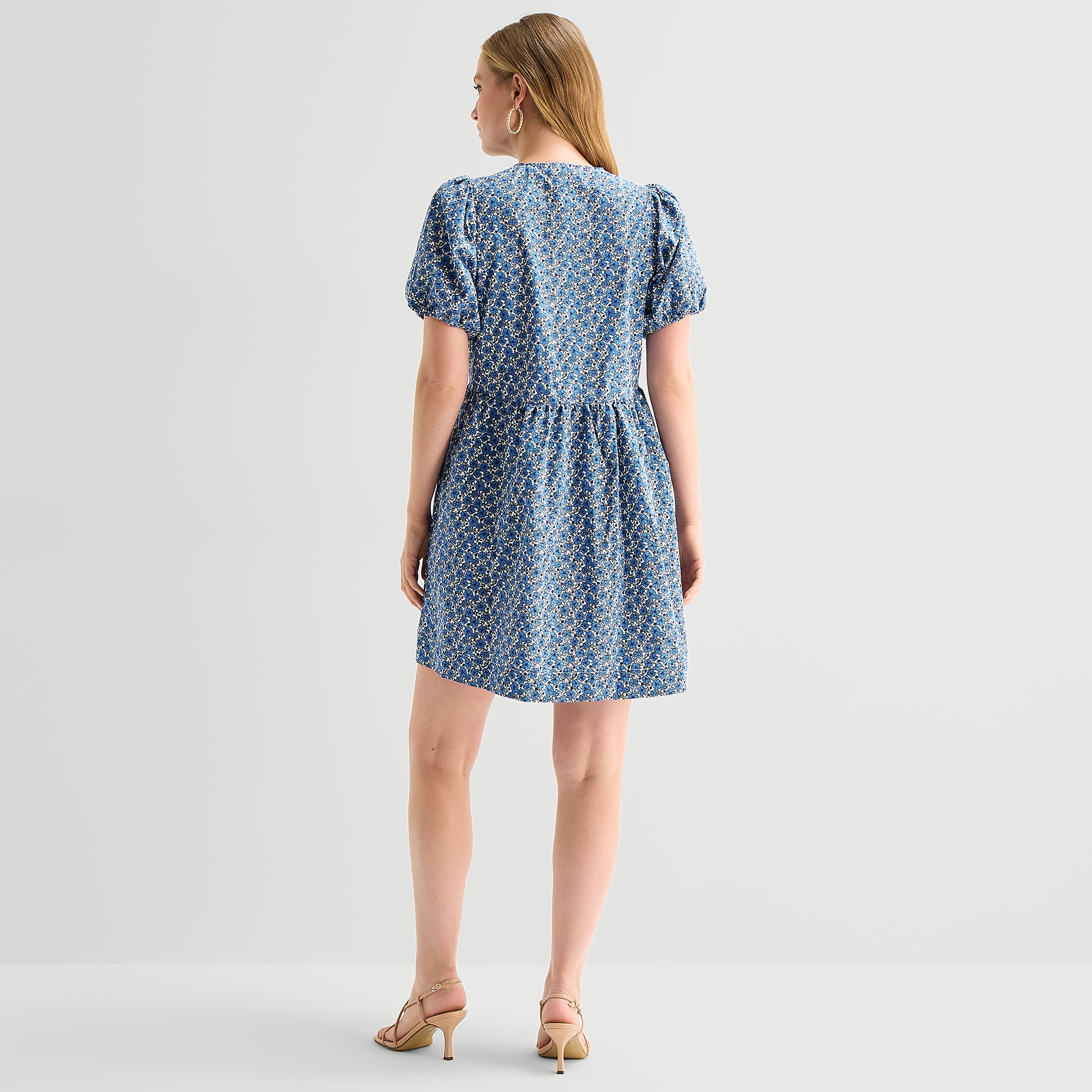 Robbie Bee Womens Round Neck 3/4 Sleeve Puffed Floral Fit + Flare Dress