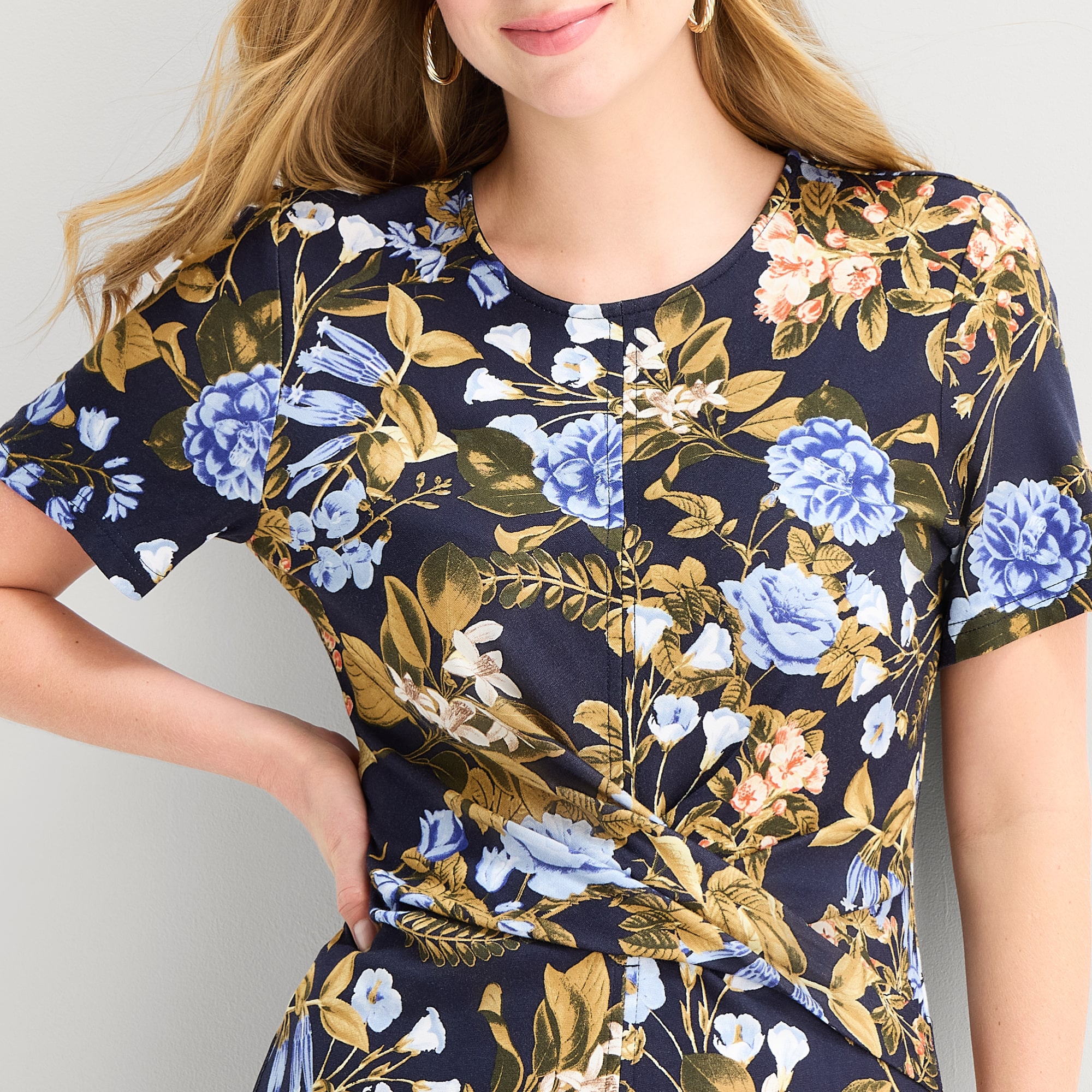 Ted Baker Womens Midi Round Neck Short Sleeve Floral Fit + Flare Dress