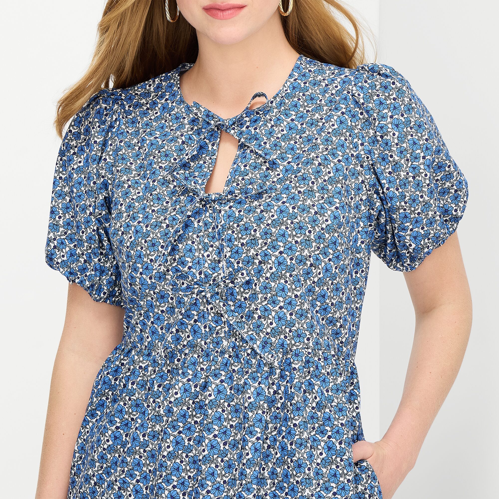 Robbie Bee Womens Round Neck 3/4 Sleeve Puffed Floral Fit + Flare Dress