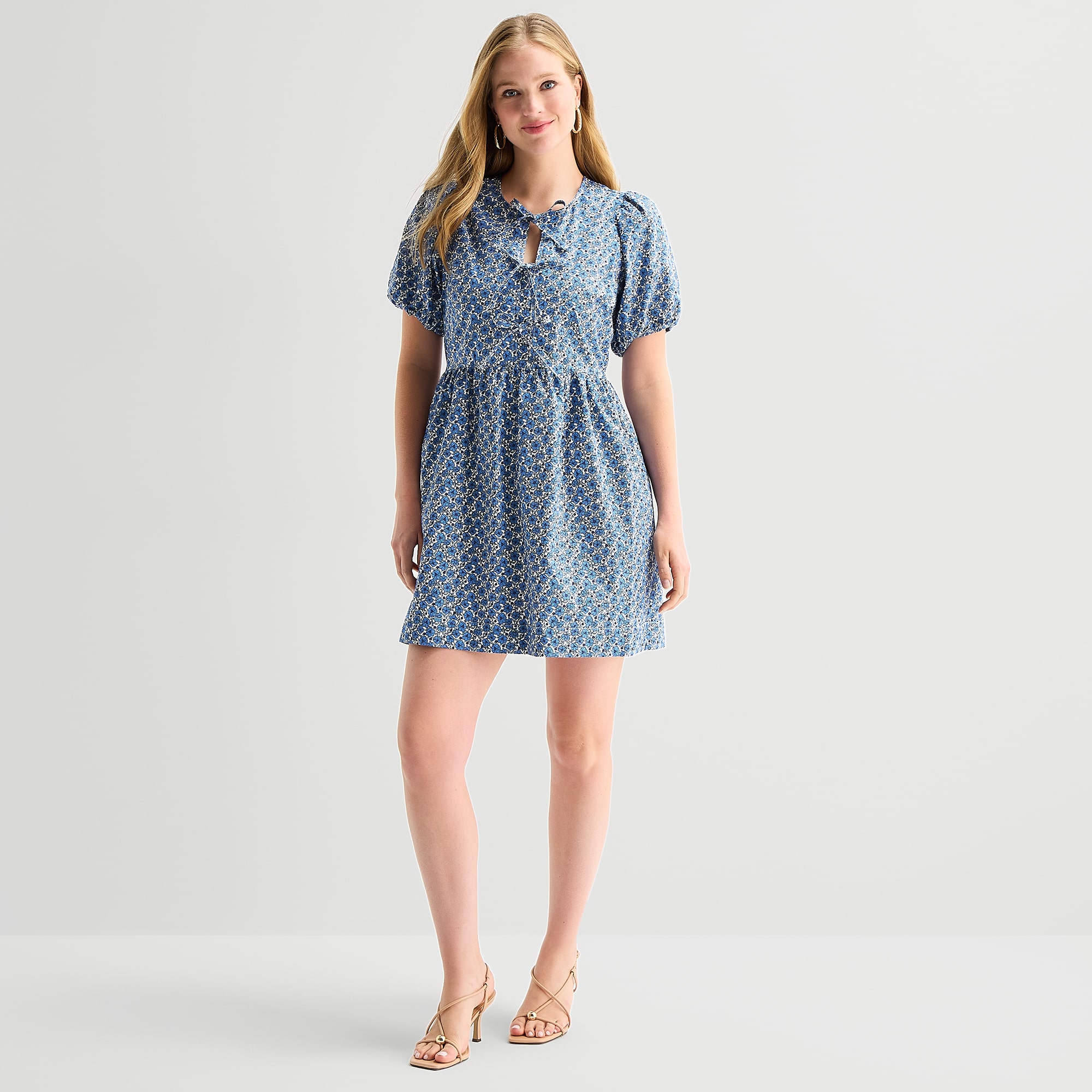 Robbie Bee Womens Round Neck 3/4 Sleeve Puffed Floral Fit + Flare Dress