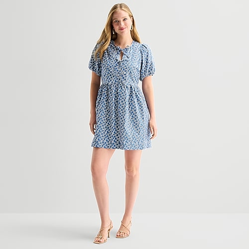 Robbie Bee Womens Round Neck 3/4 Sleeve Puffed Floral Fit + Flare Dress In Blue