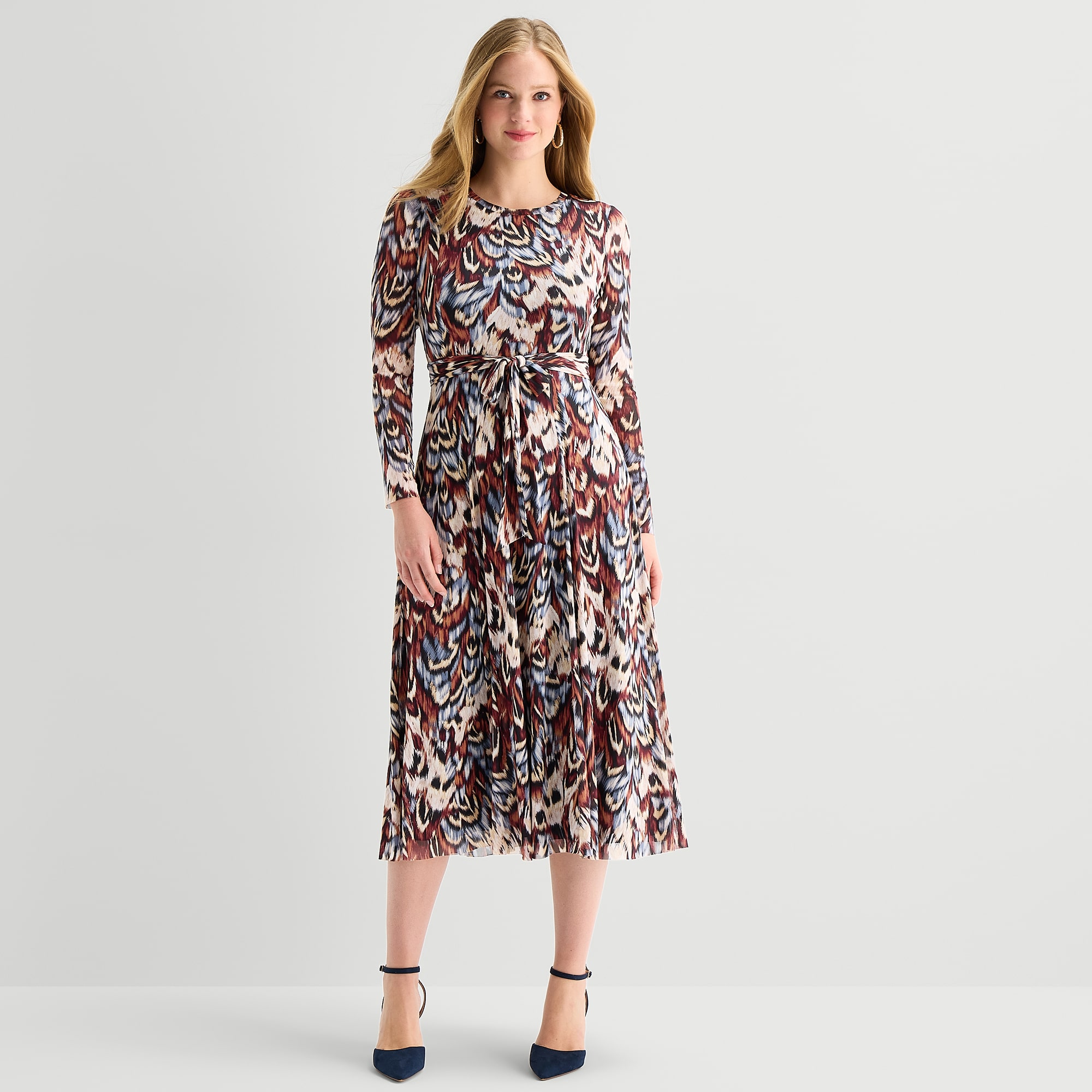 Sandra Darren Womens Midi Round Neck Long Sleeve Fitted Abstract Fit + Flare Dress