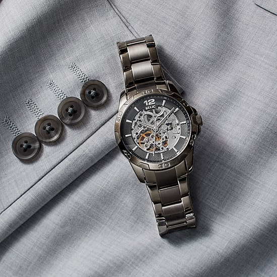 Relic® Mens Gunmetal Automatic Skeleton Watch ZR11853