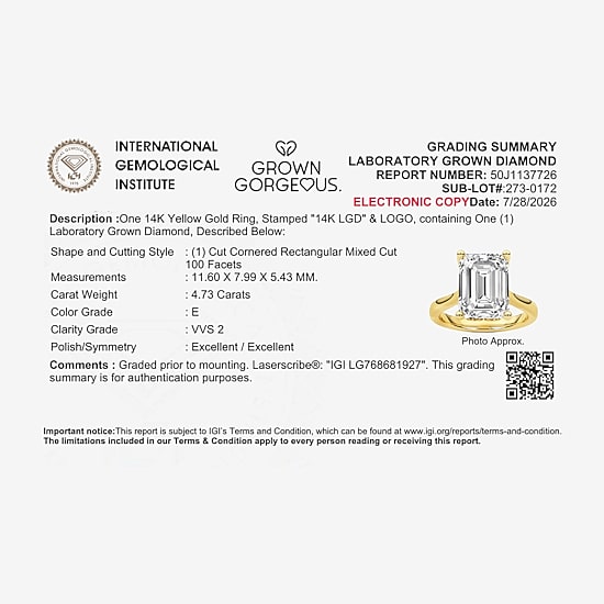 Grown Gorgeous (F / Vs2) Womens 4 1/2 CT. T.W. Lab Grown White Diamond 14K Gold Solitaire Engagement Ring