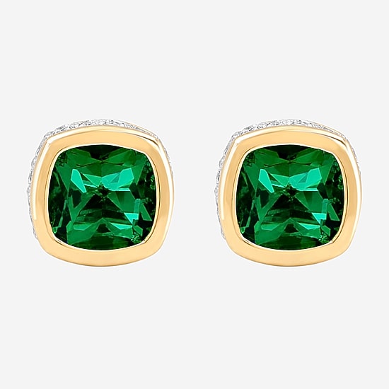 (I-J / I2-I3) Simulated Green Emerald 14K Gold Over Silver 6.6mm Cushion Stud Earrings