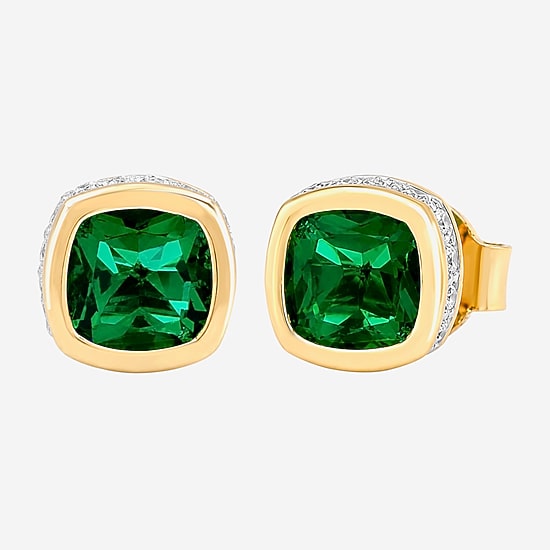 (I-J / I2-I3) Simulated Green Emerald 14K Gold Over Silver 6.6mm Cushion Stud Earrings