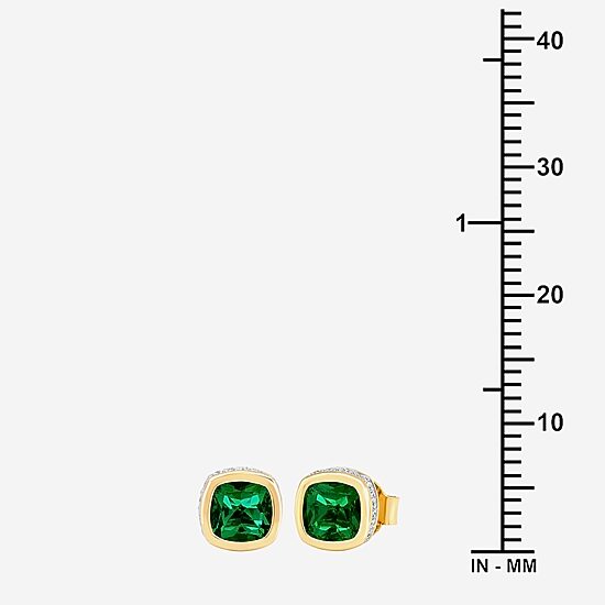 (I-J / I2-I3) Simulated Green Emerald 14K Gold Over Silver 6.6mm Cushion Stud Earrings
