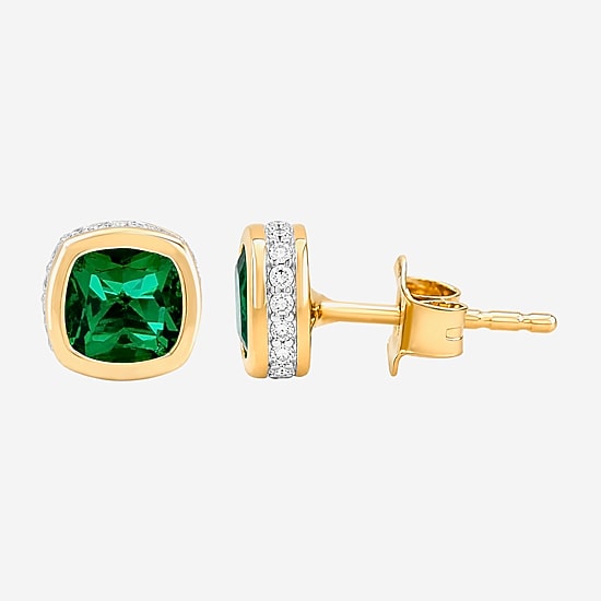 (I-J / I2-I3) Simulated Green Emerald 14K Gold Over Silver 6.6mm Cushion Stud Earrings