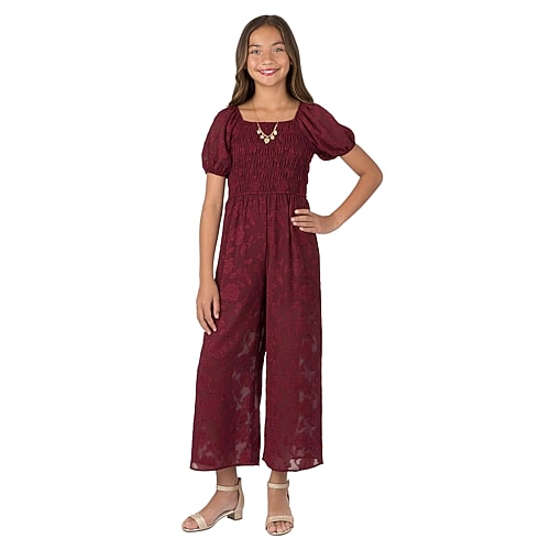 Speechless Kids' Girls Square Neck Long Sleeve Jumpsuit In Red