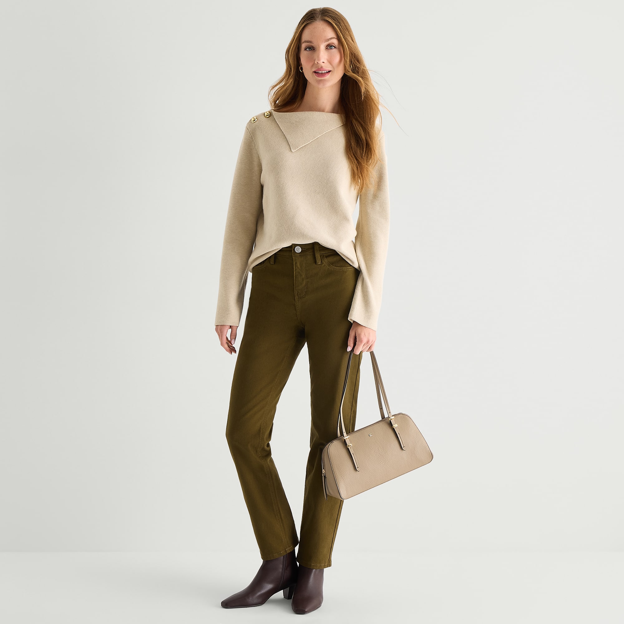 Liz Claiborne Womens Envelope Neck Embellished Long Sleeve Pullover Sweater