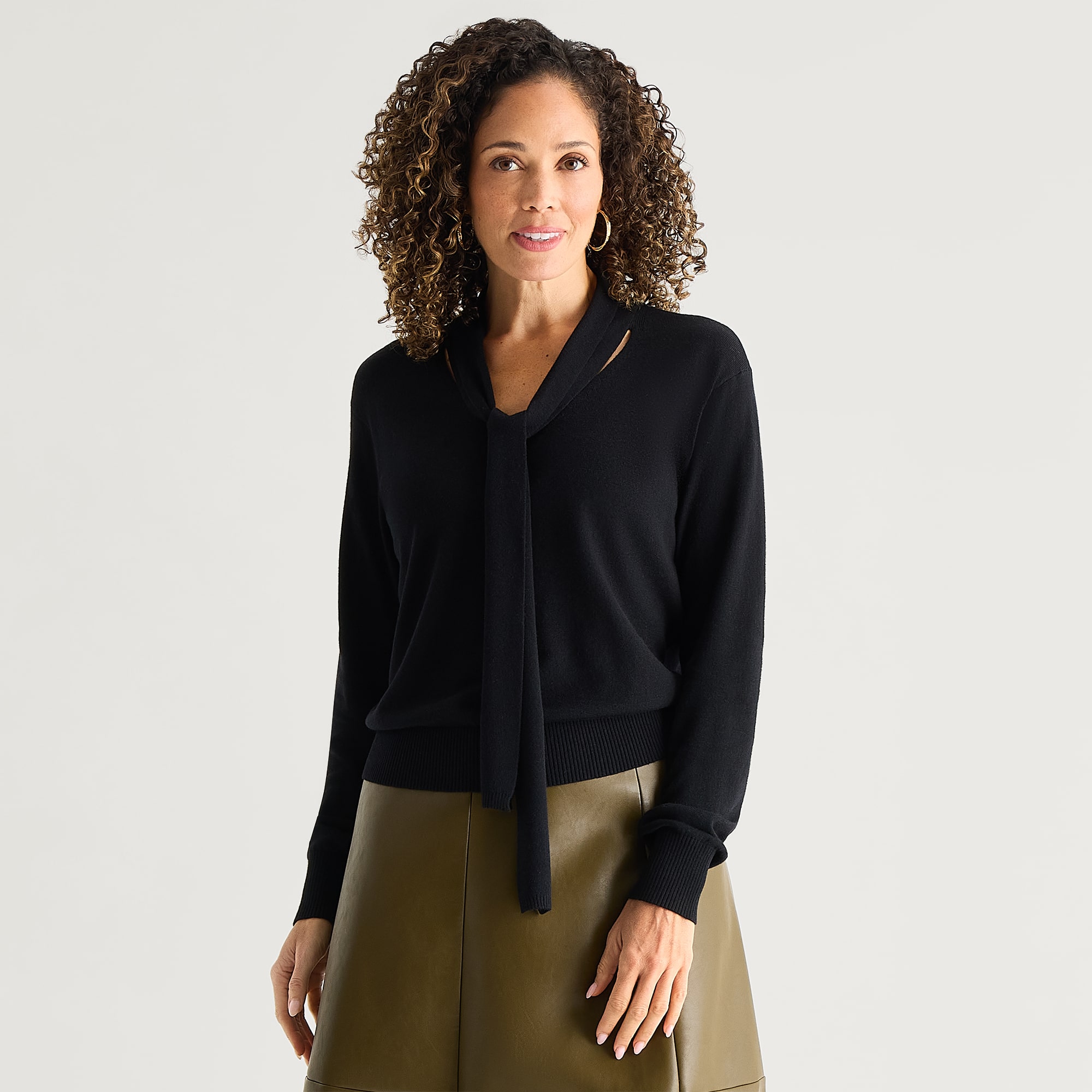 Liz Claiborne Womens Split Tie Neck Long Sleeve Pullover Sweater