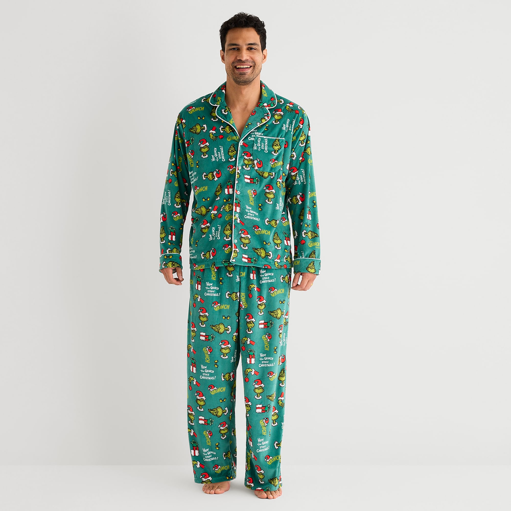 Mens Dr. Seuss Grinch Velour V-Neck Long Sleeve 2-pc. Matching Family Pajama Set