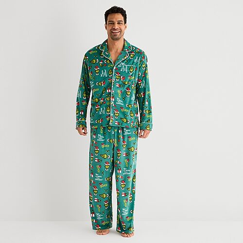 Dr. Seuss Mens  Grinch Velour V-neck Long Sleeve 2-pc. Matching Family Pajama Set In Nude
