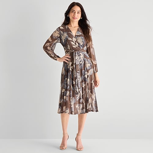 Robbie Bee Womens Midi V Neck Long Sleeve Fitted Floral Fit + Flare Dress In Brown