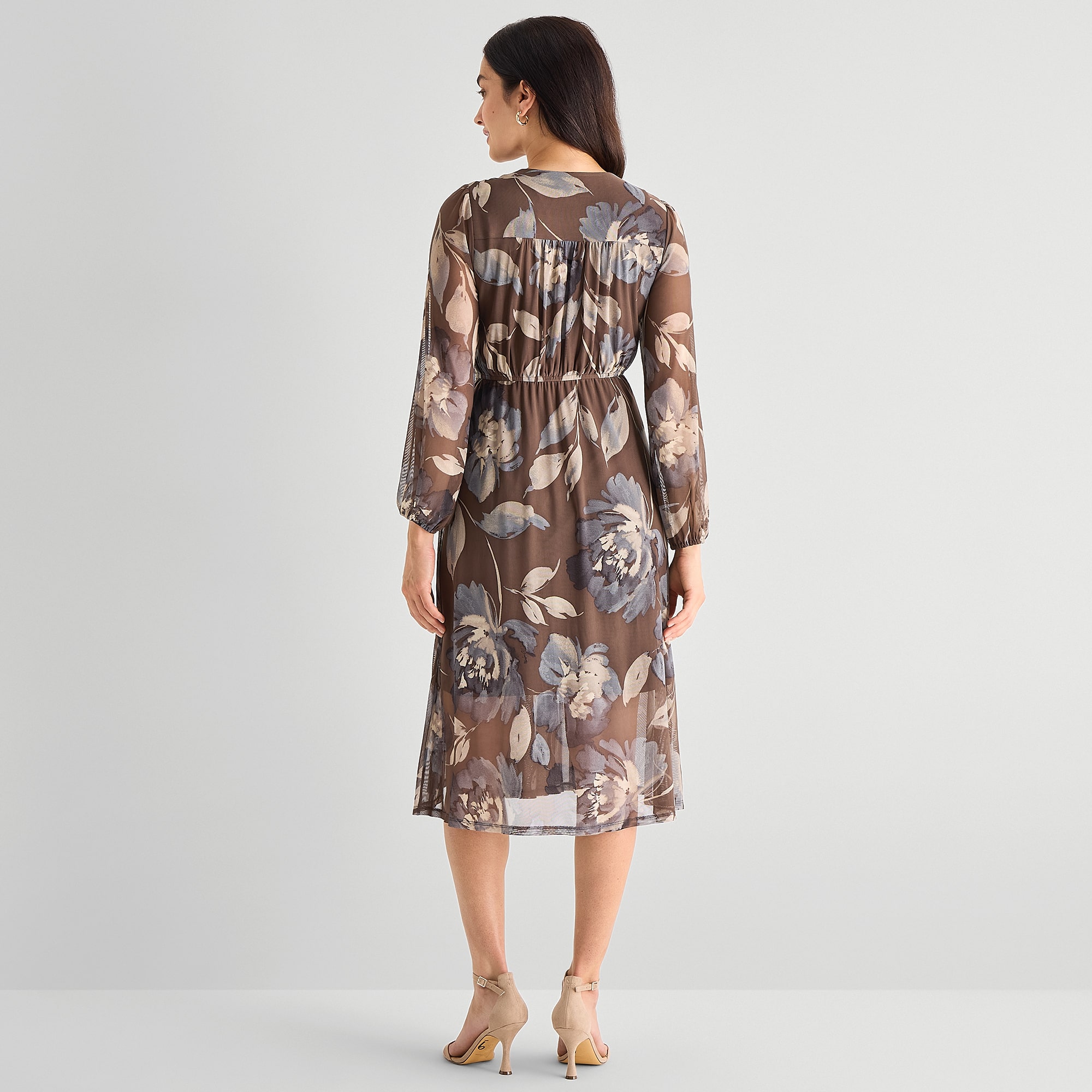 Robbie Bee Womens Midi V Neck Long Sleeve Fitted Floral Fit + Flare Dress