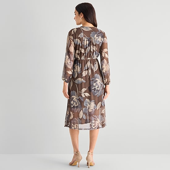 Robbie Bee Womens Midi V Neck Long Sleeve Floral Fit + Flare Dress