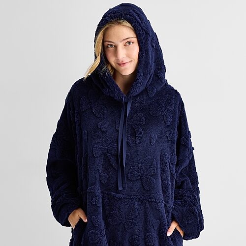 Sleep Chic Womens Fleece Hooded Long Sleeve Pajama Top In Blue