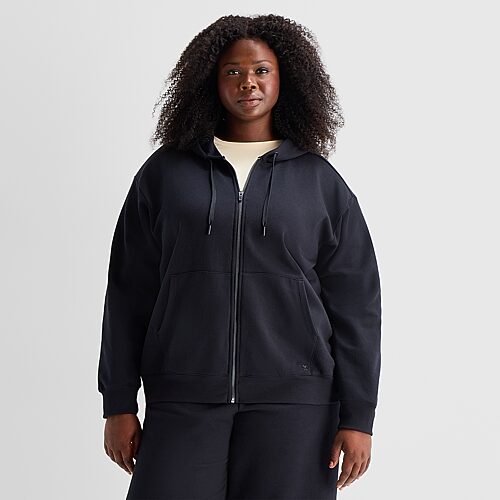 Xersion Womens Long Sleeve Fleece Zipper Active Plus Hoodie In Black