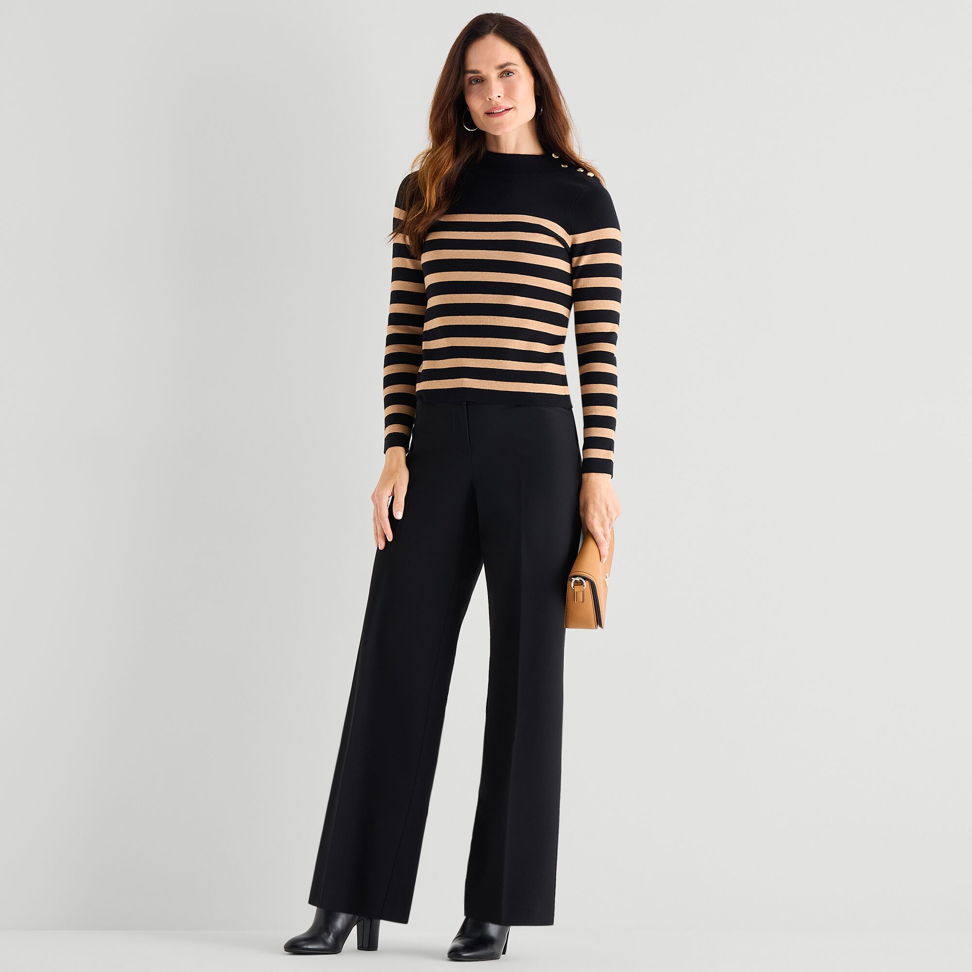 Liz Claiborne Womens Mock Neck Embellished Long Sleeve Striped Pullover Sweater