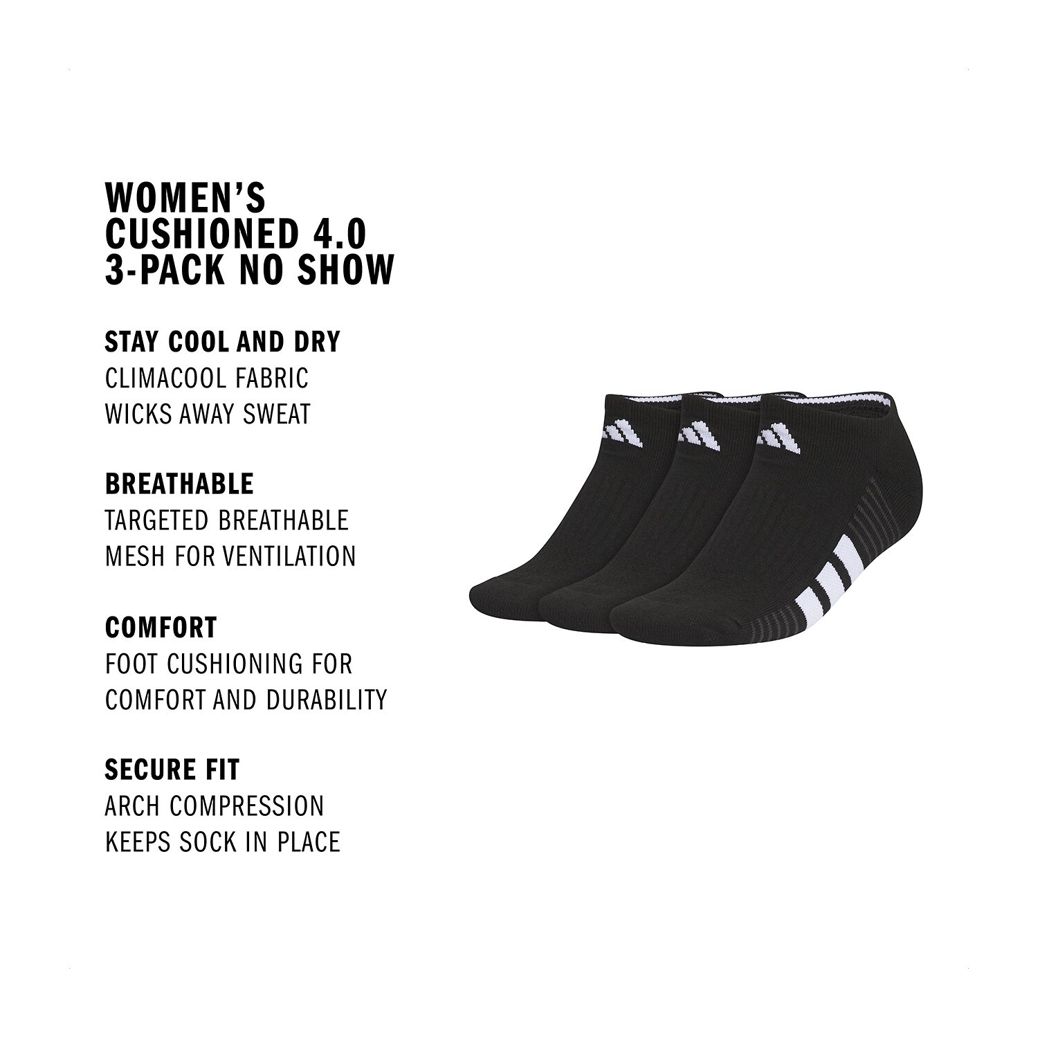 adidas Womens 3 Pair No Show Socks
