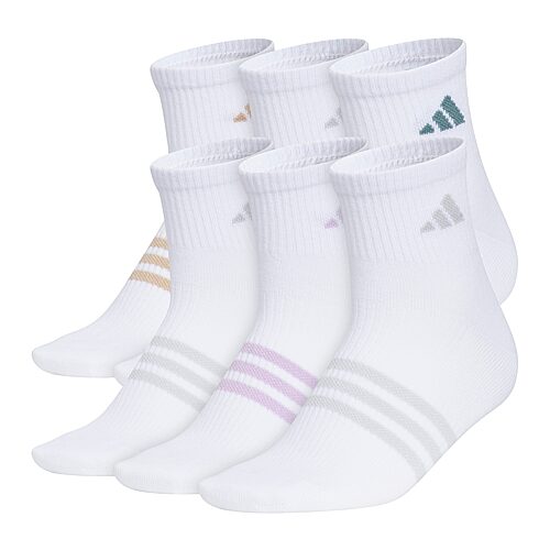 adidas Womens 6 Pair Quarter Ankle Socks, 5-10, White
