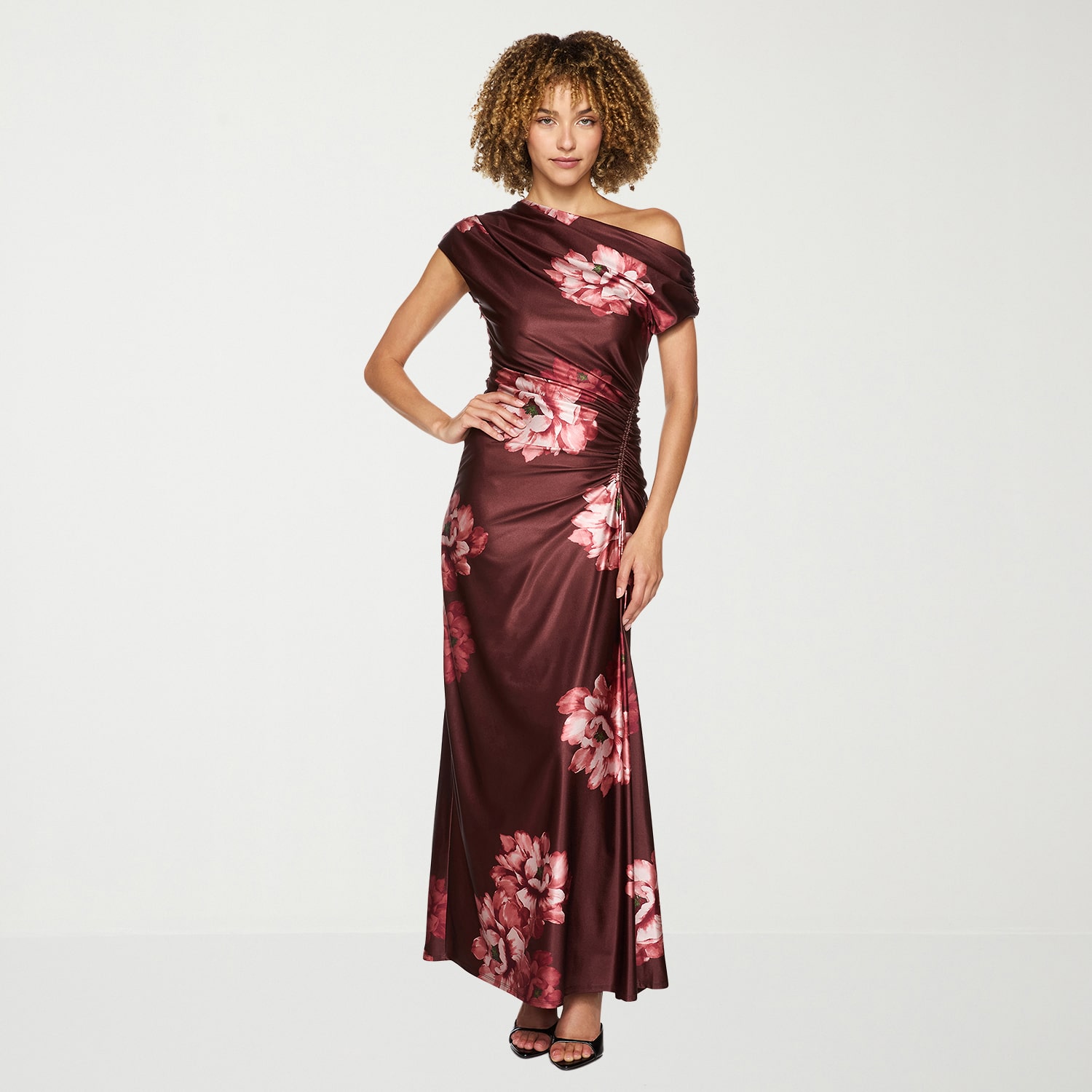 Premier Amour Womens Asymmetrical Neck Sleeveless One Shoulder Floral Evening Gown