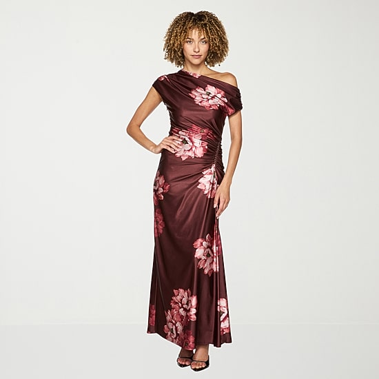 Premier Amour Womens Asymmetrical Neck Sleeveless One Shoulder Floral Evening Gown